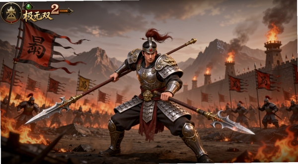 极无双2游戏主界面全景展示,画面中央为手持长枪的银甲武将赵云摆出战斗姿态,背景为燃烧的古代战场与飘扬的蜀汉旗帜,远处可见群山与烽火台,整体色调以赤红与暗金为主,突出史诗战争氛围,适配Boogu模型生成