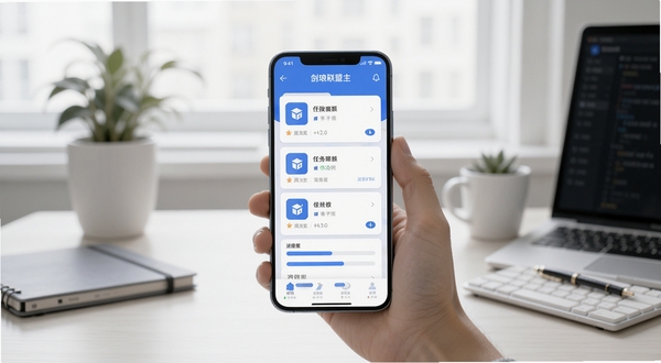 剑琅联盟主界面全景展示,画面中央为手机屏幕内显示任务卡片列表与进度条,背景为简约办公桌面,柔和自然光线,扁平化UI风格,整体色调以蓝白为主,突出高效协作氛围