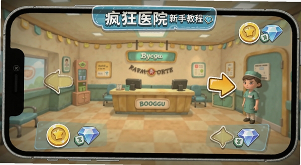 疯狂医院新手教程界面,手机屏幕显示医院大厅和引导箭头,卡通风格,画面中有金币和钻石图标,背景是温馨的医院前台,适合Boogu模型生成