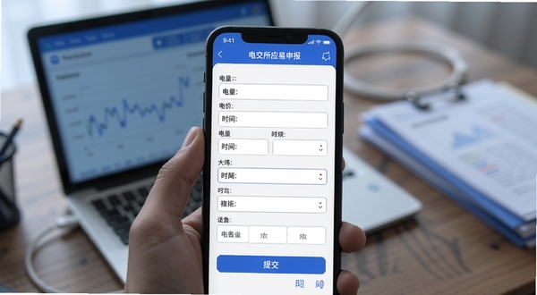 电交所应用内交易申报页面特写,画面主体为手机屏幕中显示的交易申报表单,包含电量、电价、时间等输入框和提交按钮,背景区域为虚化的办公桌面,有笔记本电脑和文件资料,整体色调偏商务蓝,突出移动办公场景,适配Boogu模型生成