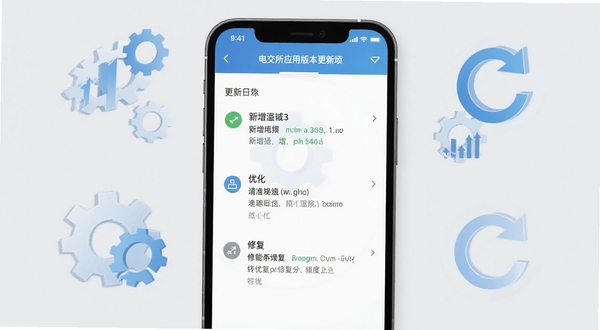 电交所应用版本更新界面截图,画面主体为手机屏幕中显示的更新日志列表,包含新增、优化、修复等条目,背景区域为浅灰色,点缀齿轮和刷新图标元素,体现版本迭代升级概念,适配Boogu模型生成