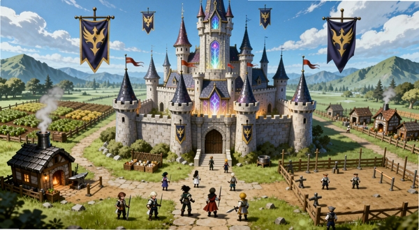 魔导英雄传说 公会领地场景,画面中央为一座宏伟的魔法城堡,周围有农田、铁匠铺与训练场,多名玩家角色站在城堡门前,天空中漂浮着公会旗帜,整体氛围热闹繁荣