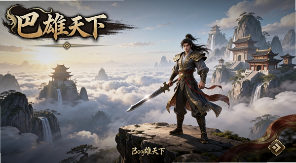 巴雄天下 游戏主界面全景 东方玄幻风格 主角持剑立于山巅 背景云海翻腾 远处仙山楼阁若隐若现 画面色彩浓郁 光影层次分明 适配Boogu模型生成 细节丰富