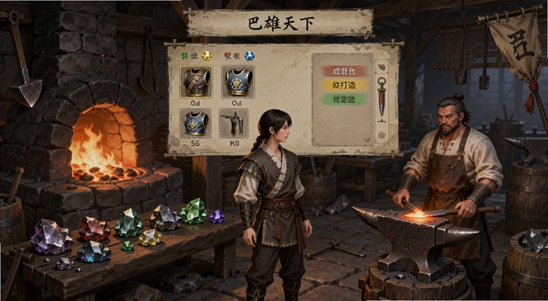 巴雄天下 装备打造界面 铁匠铺场景 熔炉火光 各种矿石材料摆放 装备品质颜色分级 玩家角色与铁匠NPC对话 古风写实风格