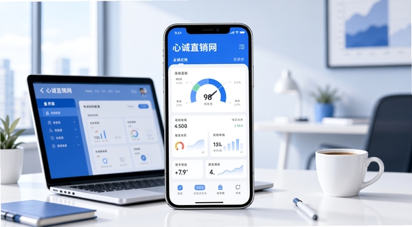 心诚直销网移动端应用主界面展示,画面中央为手机屏幕呈现软件首页仪表盘,背景为现代简约办公环境,桌面摆放笔记本电脑与咖啡杯,整体色调以蓝白为主,风格商务清爽,高分辨率数字插画