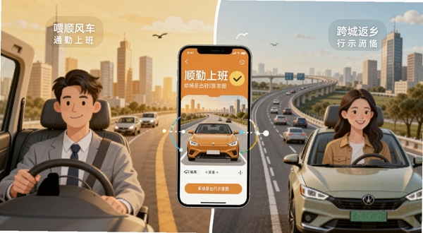 一喂顺风车多场景出行示意图,画面左侧为通勤上班场景,右侧为跨城返乡场景,中间以手机界面连接,背景为城市与高速公路,色调温暖,突出顺风车生活化应用,适配Boogu模型生成