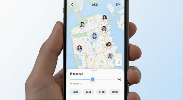 附近拼友App定位匹配界面,手机屏幕显示地图上分布多个用户头像标记,屏幕下方有距离筛选滑块和兴趣标签选择区,背景为简洁的白色与浅蓝渐变,整体风格现代清爽