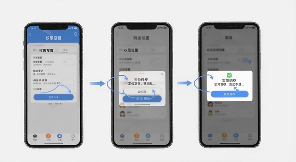 附近拼友移动端使用教程示意图,手机屏幕展示权限设置页面与定位授权弹窗,背景为浅灰色,画面清晰展示操作步骤,风格简洁实用