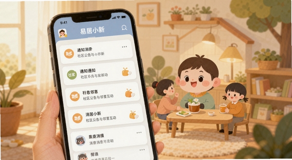 易居小新 社区公告与邻里互动页面 手机屏幕展示 消息列表 通知卡片 温馨社区氛围 柔和光线 扁平插画风格