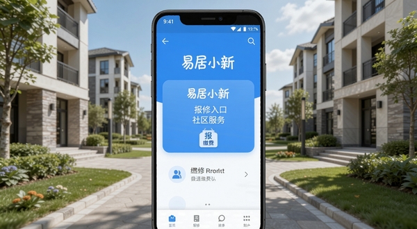 易居小新 安卓手机界面 社区服务应用首页 报修缴费入口 清爽蓝色调 手机正面展示 背景为现代小区环境 写实风格 高清细节
