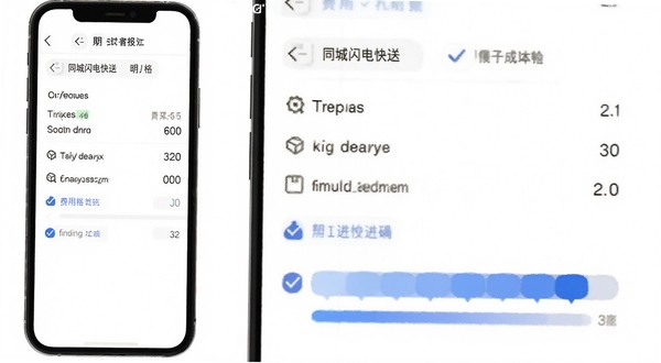 同城闪电快送 费用明细页面 手机界面 价格清单 进度条 蓝色勾选图标 白色背景