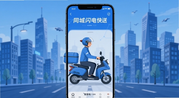 同城闪电快送 软件主界面 城市楼宇背景 骑手接单动画 扁平化设计风格 蓝色科技感色调 手机屏幕展示