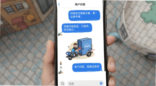同城闪电快送 用户问答界面 手机聊天窗口 蓝色气泡 白色背景 扁平插画风格
