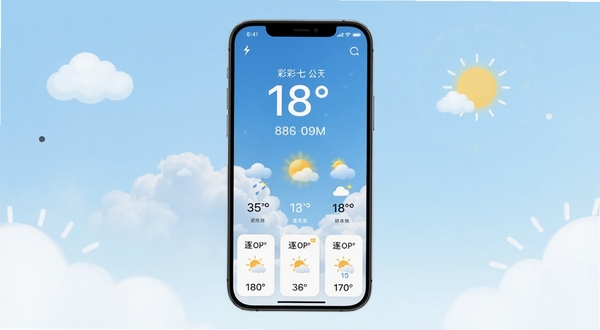 ����չʾ�߲��������������棬��������Ϊ�ֻ���Ļ����Ļ�ڳ���������Ʊ����µ��¶�����������ͼ�꣬�ײ�������СʱԤ����Ƭ����������Ϊ��͵�ǳ��ɫ���䣬���ܵ�׺��Լ�ƶ���̫��Ԫ�أ�������������Ȼ������Booguģ������