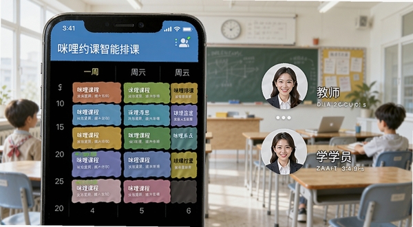 ����Լ�������ſν��棬����չʾ�ֻ���Ļ��һ�ܿγ̱�����ͬ��ɫ���ֿγ����ͣ��Ա��н�ʦ��ѧԱͷ�񻥶�������Ϊ�������ҳ��������������