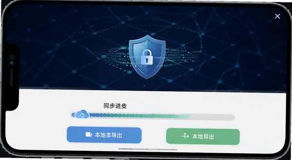 纪念日助手软件数据备份界面,手机屏幕内显示云端同步进度条与本地导出按钮,背景为深蓝色科技感网格,画面中央有盾牌与数据流元素,体现安全与同步概念,适配Boogu模型生成