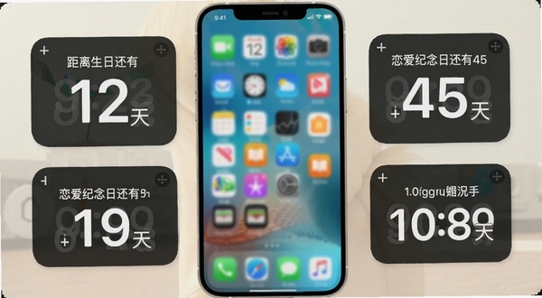 纪念日助手软件桌面小组件展示,手机主屏幕上有多个不同尺寸的倒计时组件,分别显示“距离生日还有12天”“恋爱纪念日还有45天”等文字,背景为手机桌面壁纸,画面明亮,适配Boogu模型生成