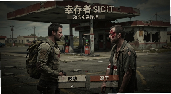 幸存者传奇动态事件选择界面,幸存者面对受伤的陌生人做出救助或离开的抉择,背景是破败的加油站,画面带有道德困境的戏剧张力
