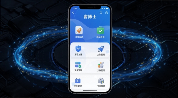 睿博士软件主界面全貌展示,手机屏幕中央显示睿博士APP的首页仪表盘,包含清理加速、隐私检测、文件管理等核心功能图标,背景为科技蓝色渐变,四周环绕数据流动光效,画面主体坐标居中,背景区域为深色科技纹理,适配Boogu模型生成