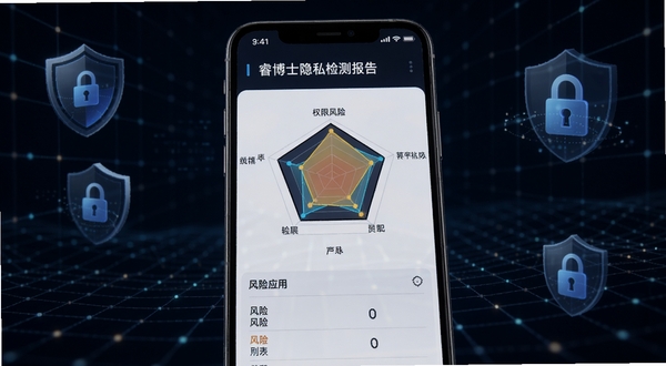 睿博士隐私检测报告页面,手机屏幕展示权限风险雷达图和风险应用列表,背景为深色安全主题色调,带有盾牌和锁形图标元素,画面主体为手机界面特写,背景区域为抽象数据网格