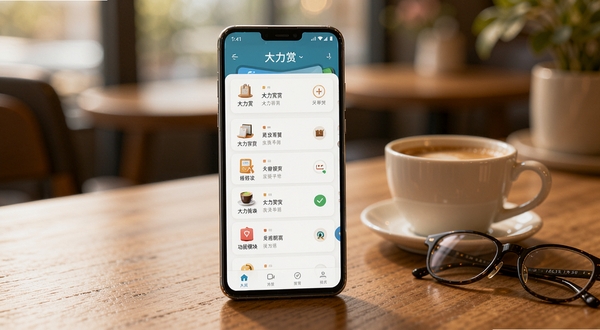 大力赏功能模块展示图,画面中一部安卓手机放置在木质桌面上,屏幕显示大力赏的功能列表界面,旁边有一杯咖啡和一副眼镜,背景虚化处理,突出手机屏幕内容,整体色调温暖舒适