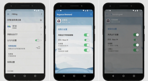 风韵出行司机极速版安装与权限设置示意图,画面展示安卓手机设置界面与应用权限开关,背景为浅灰色,风格清晰直观