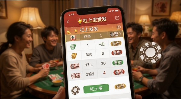 杠上发发发牌局记录功能界面特写,手机屏幕显示清晰的得分表格与番型标签,画面右侧悬浮虚拟筹码图标,背景为温馨的室内聚会场景虚化处理,光线柔和,突出软件名称杠上发发发