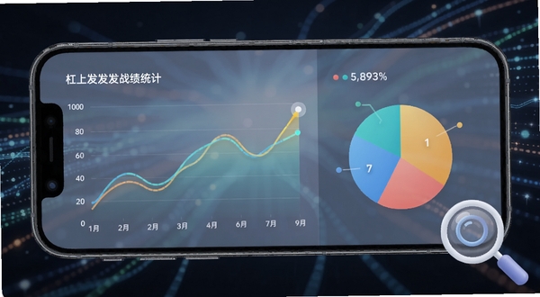 杠上发发发战绩统计图表页面,手机屏幕展示折线图与饼状图,色彩搭配清新,背景区域为抽象的数据流线条,画面右下角放置一枚放大镜图标,体现数据分析感
