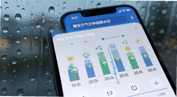 晴安天气分钟级降水预报功能界面特写,手机屏幕显示一条时间轴,标注着未来两小时每十分钟的降雨概率柱状图,背景是雨滴落在窗户上的虚化效果,风格科技感与生活感结合