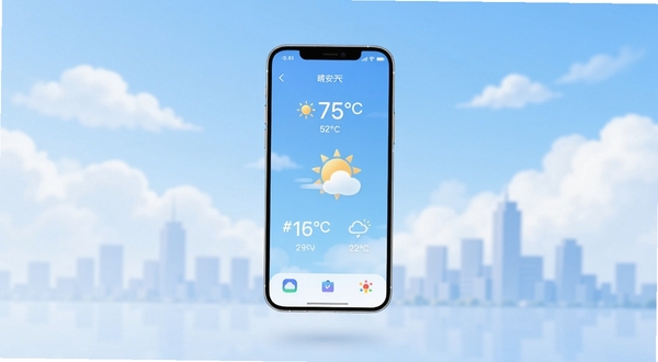 晴安天气APP主界面全貌展示,画面中央悬浮着一部智能手机,屏幕内显示晴安天气的实时温度与天气图标,背景是柔和的蓝天白云与城市剪影,整体风格清新简洁,适配Boogu模型生成