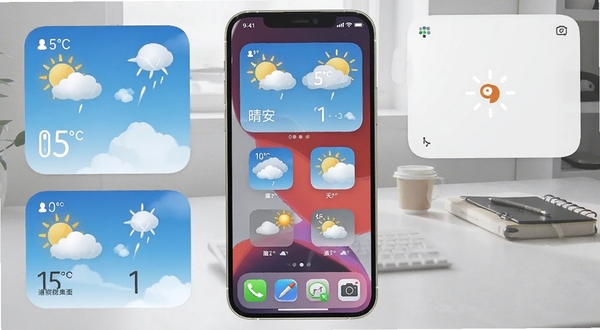 晴安天气桌面小组件与通知栏展示效果图,手机主屏幕排列着不同尺寸的天气小组件,通知栏下拉显示温度图标,背景是简洁的办公桌面,光线明亮