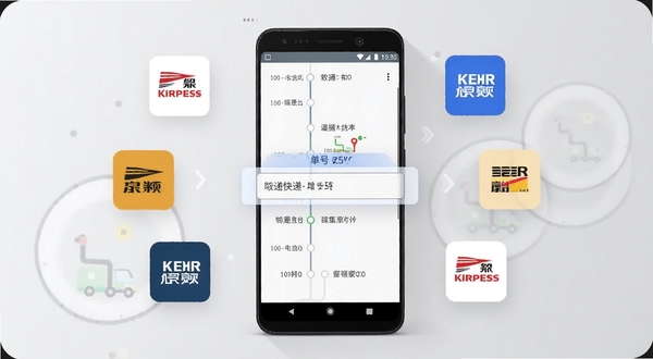 快递查询多平台聚合查询功能展示图,画面中央一部安卓手机显示多个快递公司图标环绕在单号输入框周围,手机屏幕内呈现物流轨迹时间轴,背景为淡灰色,风格商务简洁,突出聚合查询的便捷性