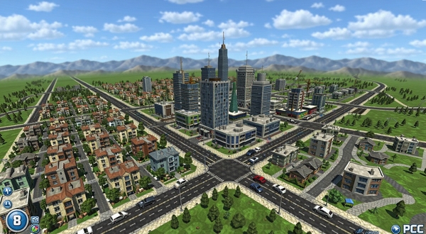 模拟城市PC电脑版主界面全景展示,画面中央是正在建设中的现代都市俯瞰图,包含住宅区、商业高楼与纵横道路,背景区域为蓝天白云与远山轮廓,整体采用明亮写实的3D渲染风格,色彩丰富细节清晰