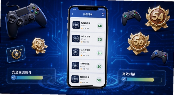 享代练软件主界面全貌展示,画面中央为手机屏幕显示代练订单列表,背景区域为深蓝色渐变科技感底纹,周围环绕游戏手柄、段位徽章、进度条等元素,整体风格简洁明快,突出安全交易与高效对接的核心氛围