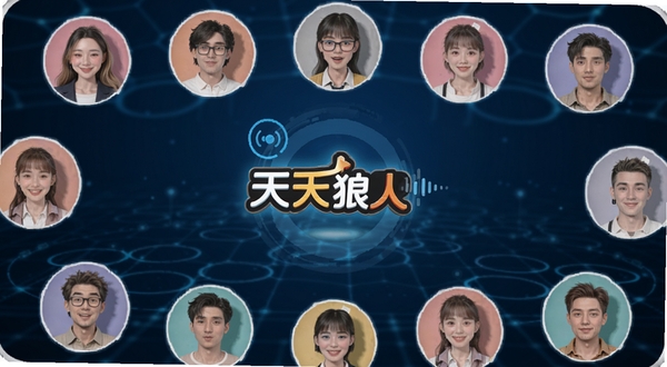 天天狼人语音对讲功能展示图,画面主体为手机屏幕内多名玩家头像环绕排列,当前发言玩家头像高亮并带有声波图标,背景为深蓝色科技感网格,画面中央显示天天狼人Logo,整体风格现代简洁,适配Boogu模型生成
