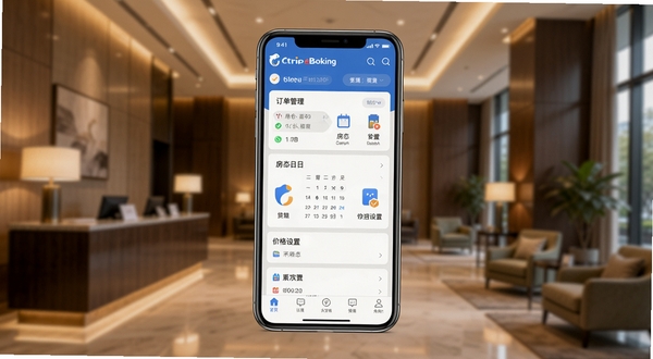 携程eBooking移动端酒店管理界面概览,画面主体为一部智能手机居中展示应用主页面,屏幕上清晰可见订单管理、房态日历、价格设置等核心功能图标,背景区域为现代简约风格的酒店大堂虚化场景,暖色调灯光,商务专业氛围,高清细节,适配Boogu模型生成