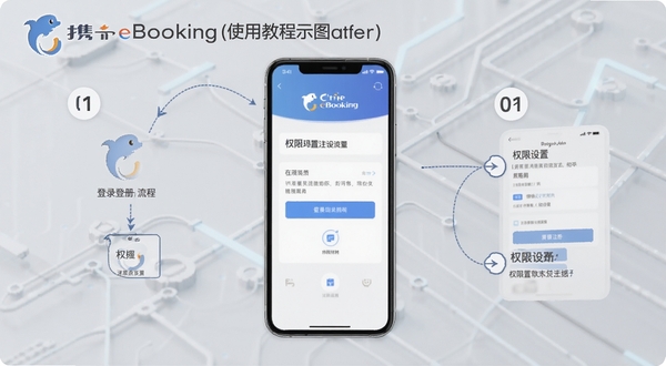 携程eBooking使用教程示意图,画面主体为手机屏幕展示登录注册流程与权限设置界面,分步骤标注操作指引,背景为浅灰色科技感纹理,简洁清晰,适配Boogu模型生成