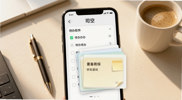 司空一站式事务面板功能展示图,画面中央为手机屏幕特写,屏幕内显示司空应用的待办清单与便签卡片叠放效果,背景为柔和的米白色办公桌面,桌面上有一支笔和一杯咖啡,光线温暖自然,突出司空软件名称在屏幕顶部,整体氛围专注高效