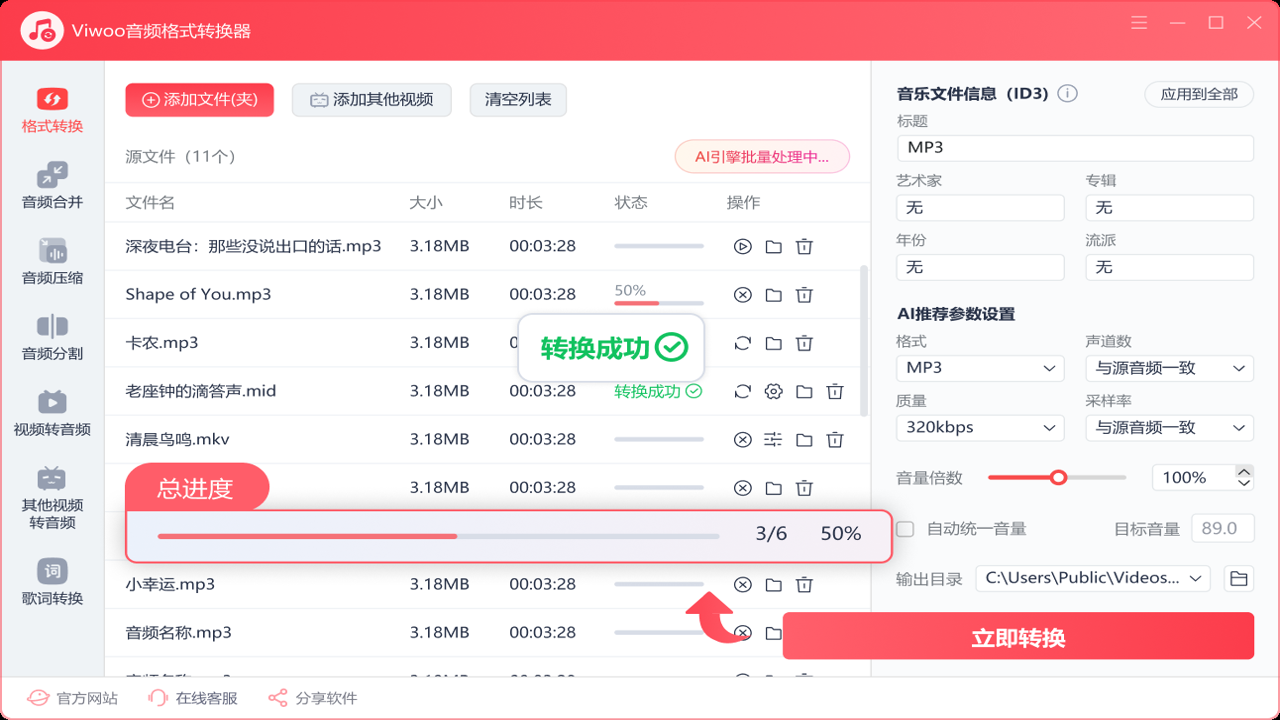 Viwoo音频格式转换器 无损转换MP3 参数设置界面