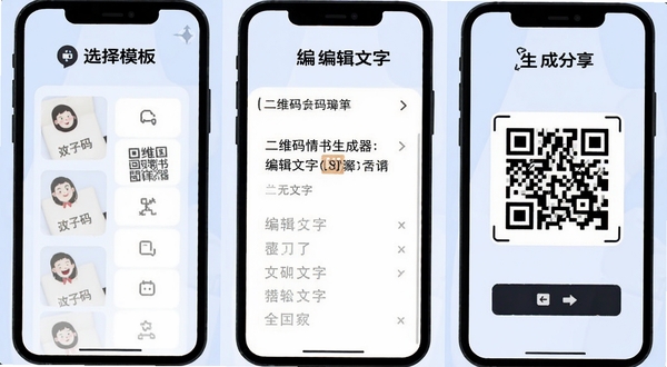 二维码情书生成器操作步骤示意图,画面分为三个部分,左侧是选择模板,中间是编辑文字,右侧是生成二维码并分享,背景为淡蓝色,图标简洁清晰,适配Boogu模型生成