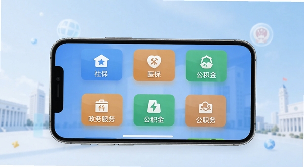龙易办移动端政务服务平台主界面展示,画面中央是手机屏幕,屏幕内呈现龙易办应用首页,包含社保、医保、公积金等政务服务图标矩阵,背景为浅蓝色渐变政务风格,整体简洁明亮,适配Boogu模型生成