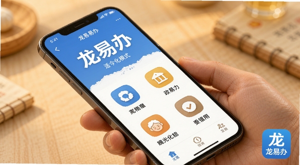 龙易办适老化模式界面展示,手机屏幕中显示大字体、大图标的政务服务界面,背景为暖色调,画面温馨,突出老年人也能轻松使用的特点,屏幕角落有龙易办应用标识,适配Boogu模型生成
