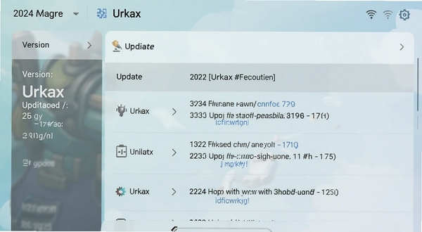 Urkax软件更新日志界面截图,展示版本号与更新条目,手机屏幕显示清晰的分类列表,背景为浅色渐变