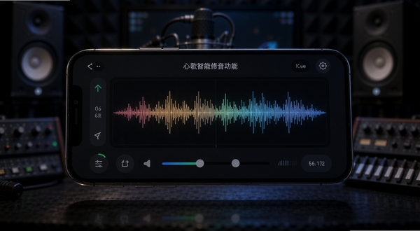心歌智能修音功能界面,手机屏幕显示音效调节面板与声波波形图,背景为深色录音棚风格,光影聚焦屏幕区域,科技感与音乐氛围融合
