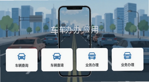 车办办应用主界面,手机屏幕显示车辆违章查询与业务办理功能模块,背景为城市道路与车辆,简洁扁平化UI设计,蓝白配色