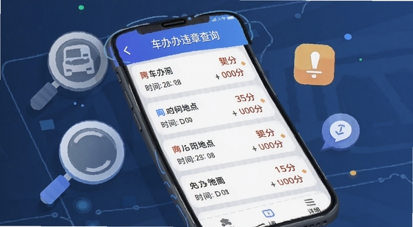 车办办违章查询界面展示,手机屏幕显示多条违章记录列表,包含时间地点与扣分详情,周围有放大镜和提示图标,扁平化科技风格