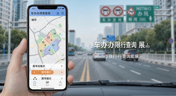 车办办限行查询功能展示,手机屏幕显示城市限行区域地图与尾号限行提示,背景为城市道路和交通标志,明亮简洁风格