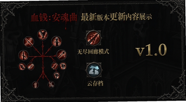 血钱:安魂曲最新版本更新内容展示图,暗色背景上以血色和金色字体列出新增技能树、无尽回廊模式与云存档功能图标,画面右侧有版本号v1.0字样,整体风格与游戏UI一致,哥特装饰边框