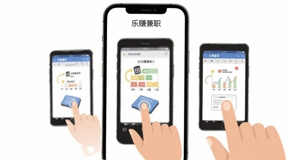 乐赚兼职新手引导页面,手机屏幕居中,画面显示分步操作图示,背景为白色,人物手指点击屏幕的示意动作,风格扁平化,软件名称乐赚兼职在页面顶部
