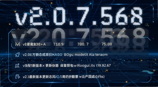 AIO最新版本更新日志展示图,画面主体为版本号与更新条目列表,背景为深蓝色科技网格,突出v2.0.7.568字样,适配Boogu模型生成